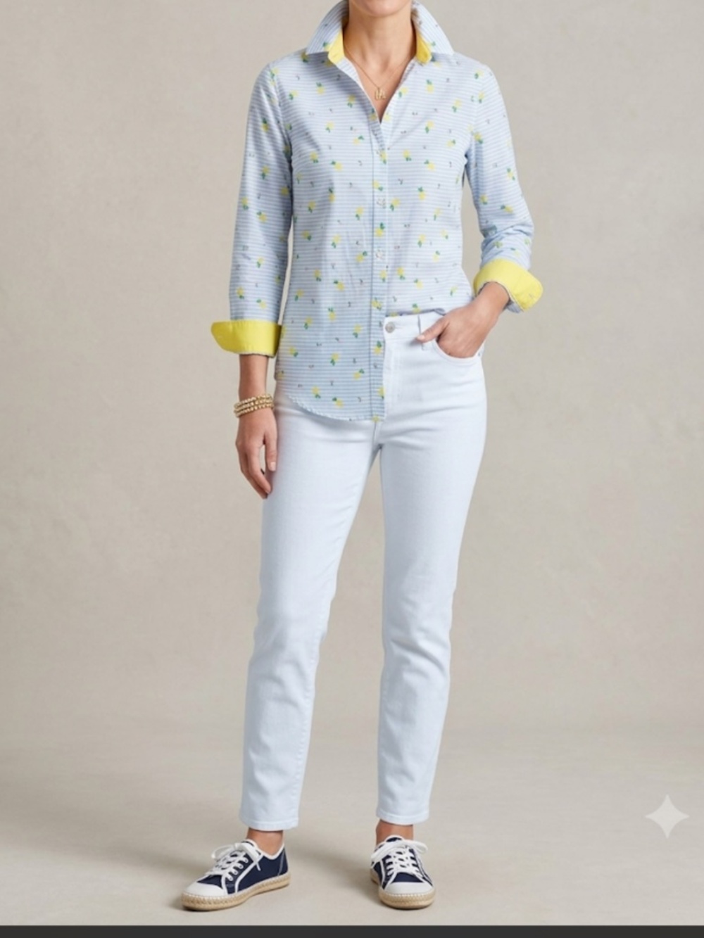 NEW J McLaughlin Lois Button Front Shirt Yellow Lemon Motif Blue White Stripe XS - Picture 14 of 14